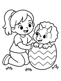 Free printable Girl With Hatching Triceratops Easter Egg coloring page