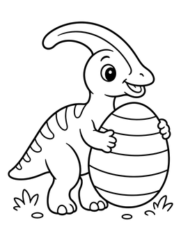 A dinosaur easter coloring page with a cute Parasaurolophus holding a striped egg.