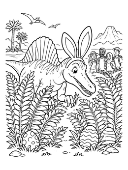 A dinosaur easter coloring page with a Spinosaurus wearing bunny ears finding eggs.