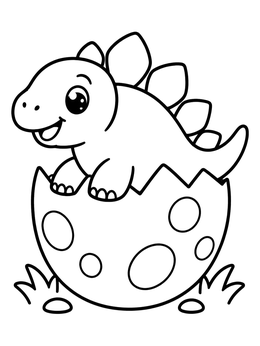 A cheerful baby stegosaurus pops out of a cracked shell in this dinosaur egg coloring page.