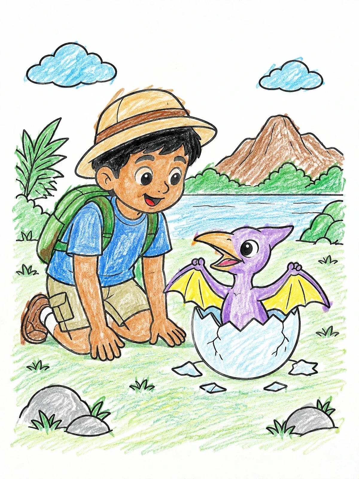 Colored example of the Explorer Boy And Baby Pterosaur coloring page