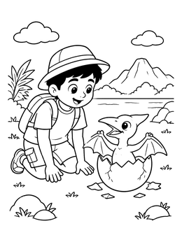 A young explorer greets a newly hatched pterosaur in this dinosaur egg coloring page.