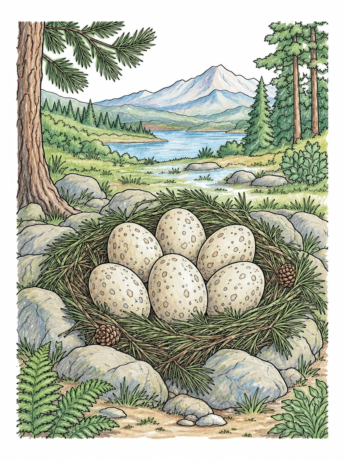 Colored example of the Prehistoric Dinosaur Egg Nest In Nature coloring page