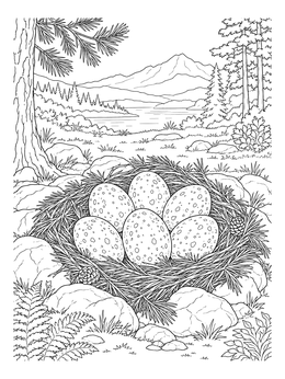 Prehistoric forest nest shown in a dinosaur egg coloring page.
