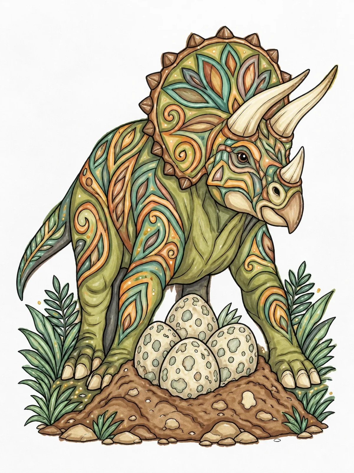 Colored example of the Triceratops Guarding Nest With Eggs coloring page