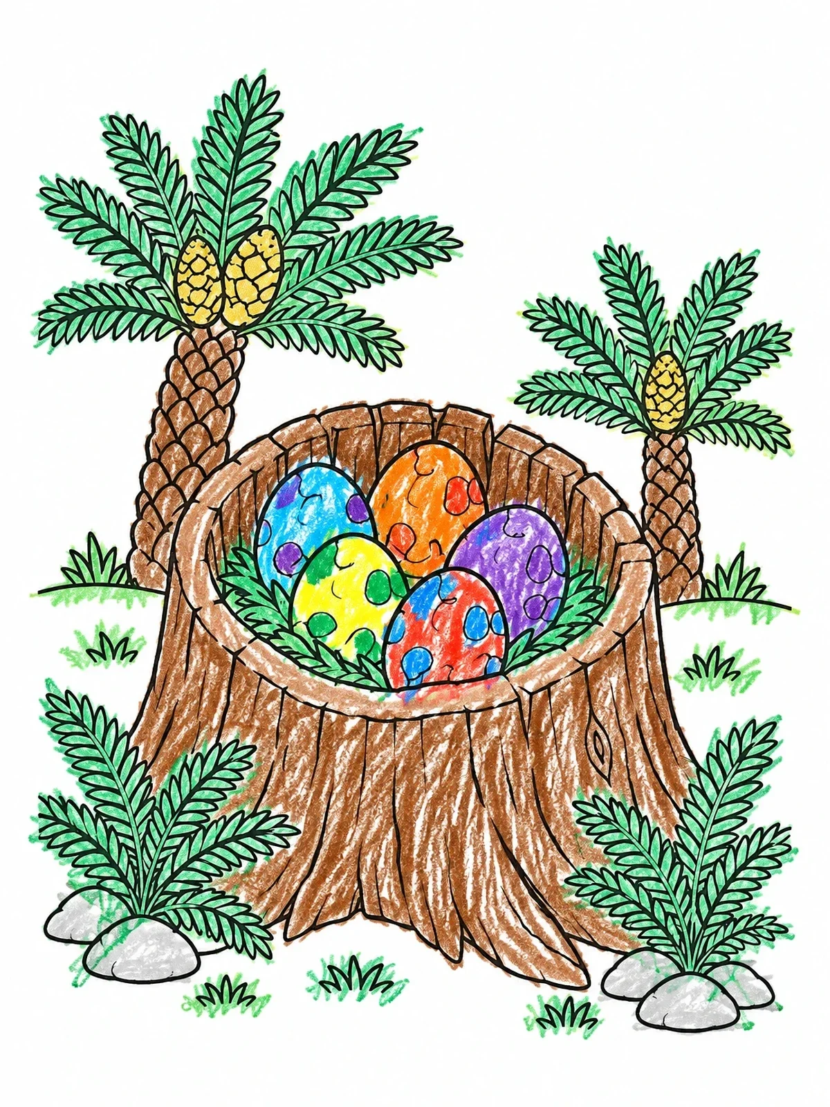 Colored example of the Dinosaur Eggs In Tree Stump Nest coloring page