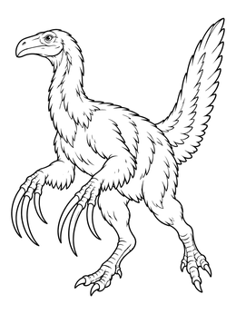 Detailed dinosaur coloring page showing a feathered Therizinosaurus trotting with huge claws.