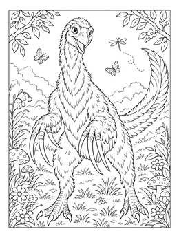 A friendly feathered therizinosaurus dinosaur coloring page standing among flowers and butterflies.