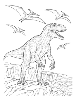 A mighty theropod standing on a cliff in this dinosaur coloring page with pterosaurs in flight.