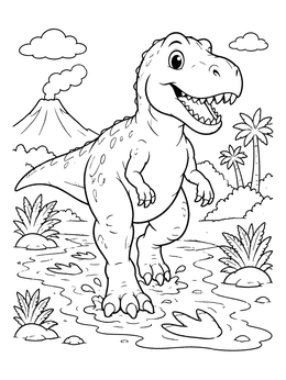 A friendly t-rex steps in puddles in this dinosaur coloring page.