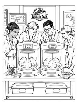 Dinosaur park coloring page showing scientists examining eggs in warm glass incubators.
