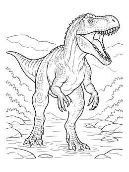 A fierce theropod stands in shallow water on this detailed dinosaur coloring page.