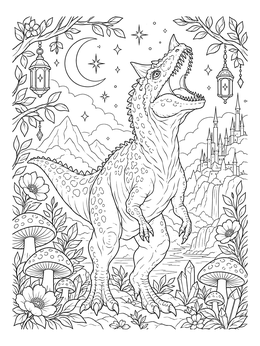 A detailed dinosaur coloring page featuring a horned Carnotaurus roaring beneath a crescent moon.