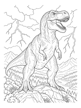 A mighty T-Rex roars on a cliff during a storm in this dinosaur coloring page.