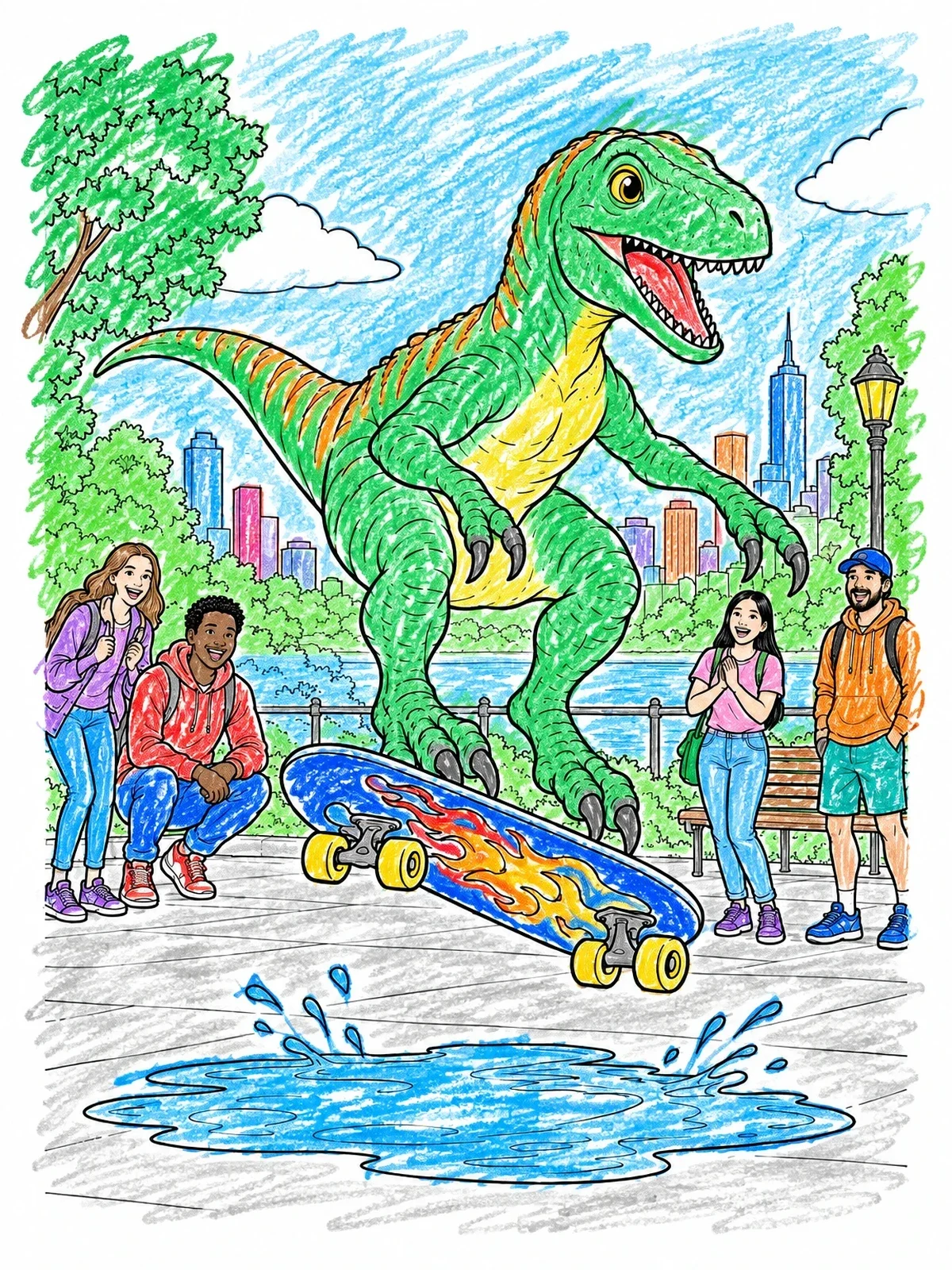 Colored example of the Dinosaur Skateboarding Over A Puddle coloring page