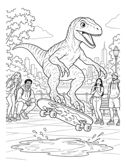 Free printable Dinosaur Skateboarding Over A Puddle coloring page