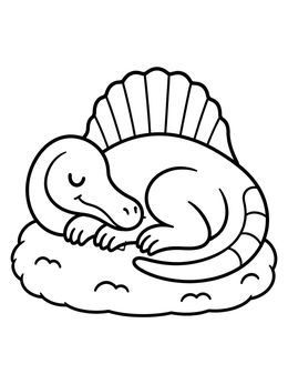 A cute sleeping baby spinosaurus curled up on a soft mound in this dinosaur coloring page.