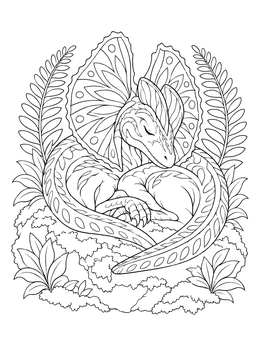 A sleeping dilophosaurus dinosaur coloring page curled up peacefully surrounded by ferns.