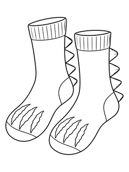 Fun socks coloring page showing a pair of socks with dinosaur spikes and claw marks.