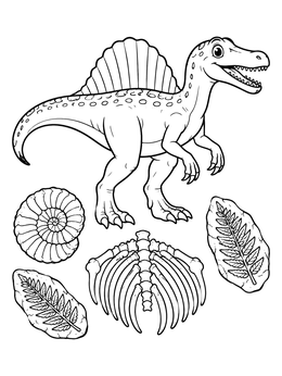 A friendly Spinosaurus stands above various fossils on this dinosaur coloring page.