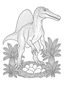A detailed Spinosaurus dinosaur coloring page showing a parent guarding eggs in a nest among cycad plants.