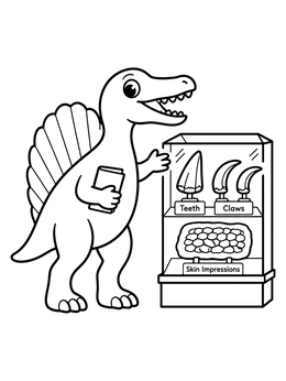 A dinosaur coloring page showing a cartoon Spinosaurus presenting museum fossil exhibits.