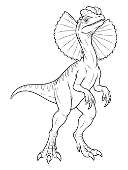A detailed dinosaur coloring page featuring a Dilophosaurus standing tall with its neck frill displayed.