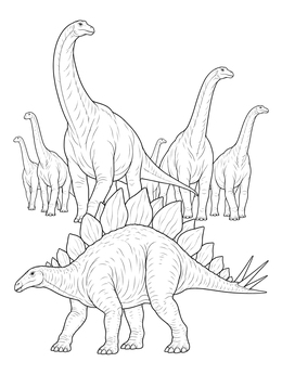 A detailed dinosaur coloring page featuring a stegosaurus with a herd of sauropods behind it.