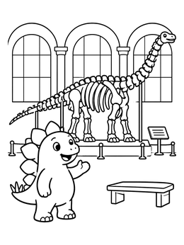 A cute stegosaurus visits a museum in this dinosaur coloring page.