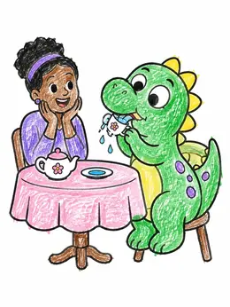 Dinosaur Having A Tea Party – Funny Coloring Page