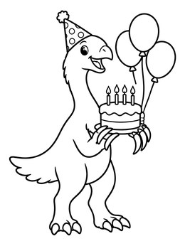 A dinosaur coloring page featuring a happy therizinosaurus with a party hat holding a cake and balloons.
