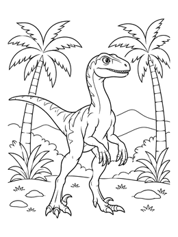 A velociraptor dinosaur coloring page featuring palm trees and distant hills.