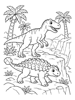 An Allosaurus and Ankylosaurus explore rocky cliffs in this dinosaurs coloring page.