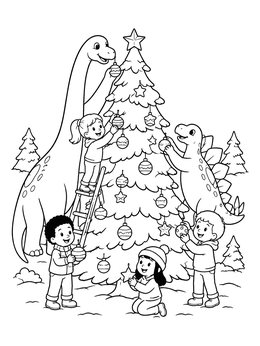 Kids and friendly dinos unite in this christmas dinosaur coloring page decorating a snowy pine tree.