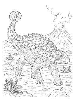 An armored Ankylosaurus trudges across ash in this detailed dinosaurs coloring page with a smoking volcano.
