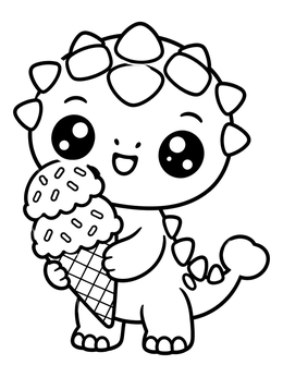 A cute dinosaurs coloring page featuring a baby ankylosaurus holding a big ice cream cone.