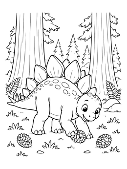 A cute dinosaurs coloring page featuring a baby stegosaurus playing with pinecones in the forest.