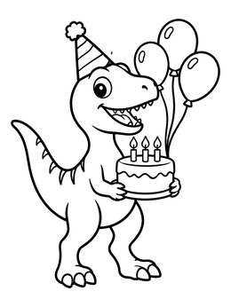 A happy dinosaur holding a cake on this dinosaurs coloring page.