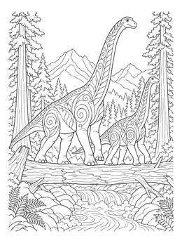A detailed dinosaurs coloring page featuring two patterned sauropods crossing a stream over a fallen log.