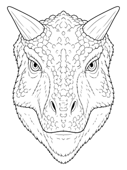 Detailed head portrait of a horned Carnotaurus on a dinosaurs coloring page.