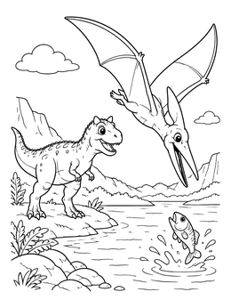 A Pterosaur swoops down over water in this cute dinosaurs coloring page.