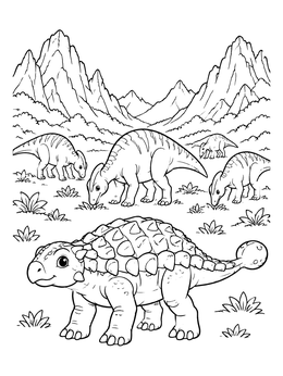 A friendly ankylosaurus walks near grazing dinosaurs coloring page in a mountain valley.