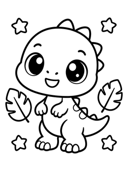 Free printable Cute Baby Dinosaur With Stars And Leaves coloring page