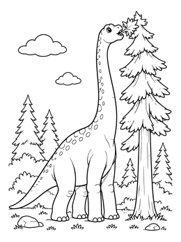 A friendly Brachiosaurus reaches for tall pine leaves in this dinosaurs coloring page.