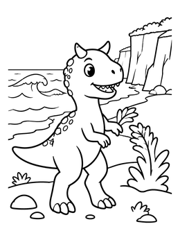 A friendly carnotaurus stands by the sea in this dinosaurs coloring page.