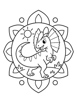 A cute baby Dilophosaurus inside a floral frame on this dinosaurs coloring page.