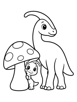 Free printable Cute Parasaurolophus And Baby By Mushroom coloring page