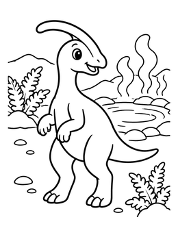 A friendly Parasaurolophus stands near a steaming pool in this cute dinosaurs coloring page.