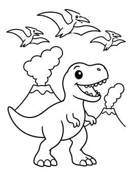 A happy cartoon T-Rex stands before smoking volcanoes in this dinosaurs coloring page.