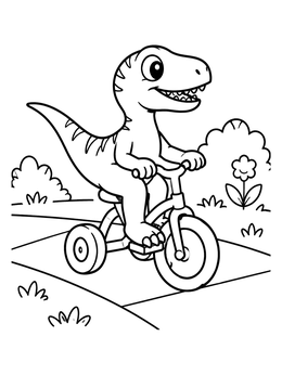 A cheerful dinosaurs coloring page with a cute raptor riding a tricycle outdoors.